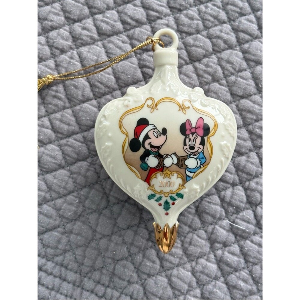 Disney Vintage 2000 Lenox Mickey Minnie Christmas Ornament Porcelain Gold Trim - Picture 2 of 5